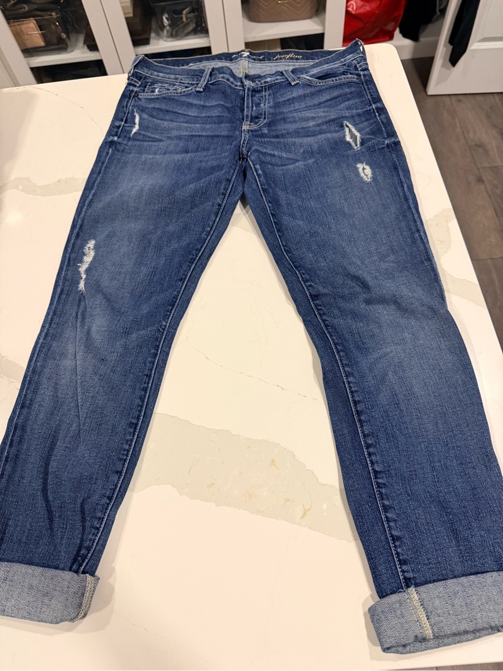 7 For All Mankind Women's Boyfriend Jeans in Medium Blue with Distressed Accents